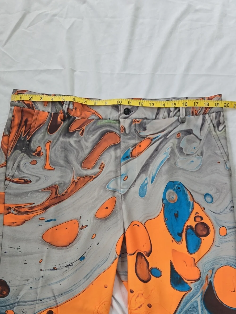 Men's GROOVY pants With Blue Aquatic Imagery And Yellow/Orange Abstract Shapes - Picture 3 of 13